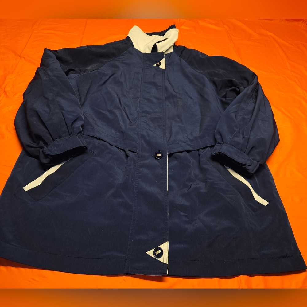 Burry Lane Womens Rain Jacket Weather Resistant Large Long Blue/Tan Like New